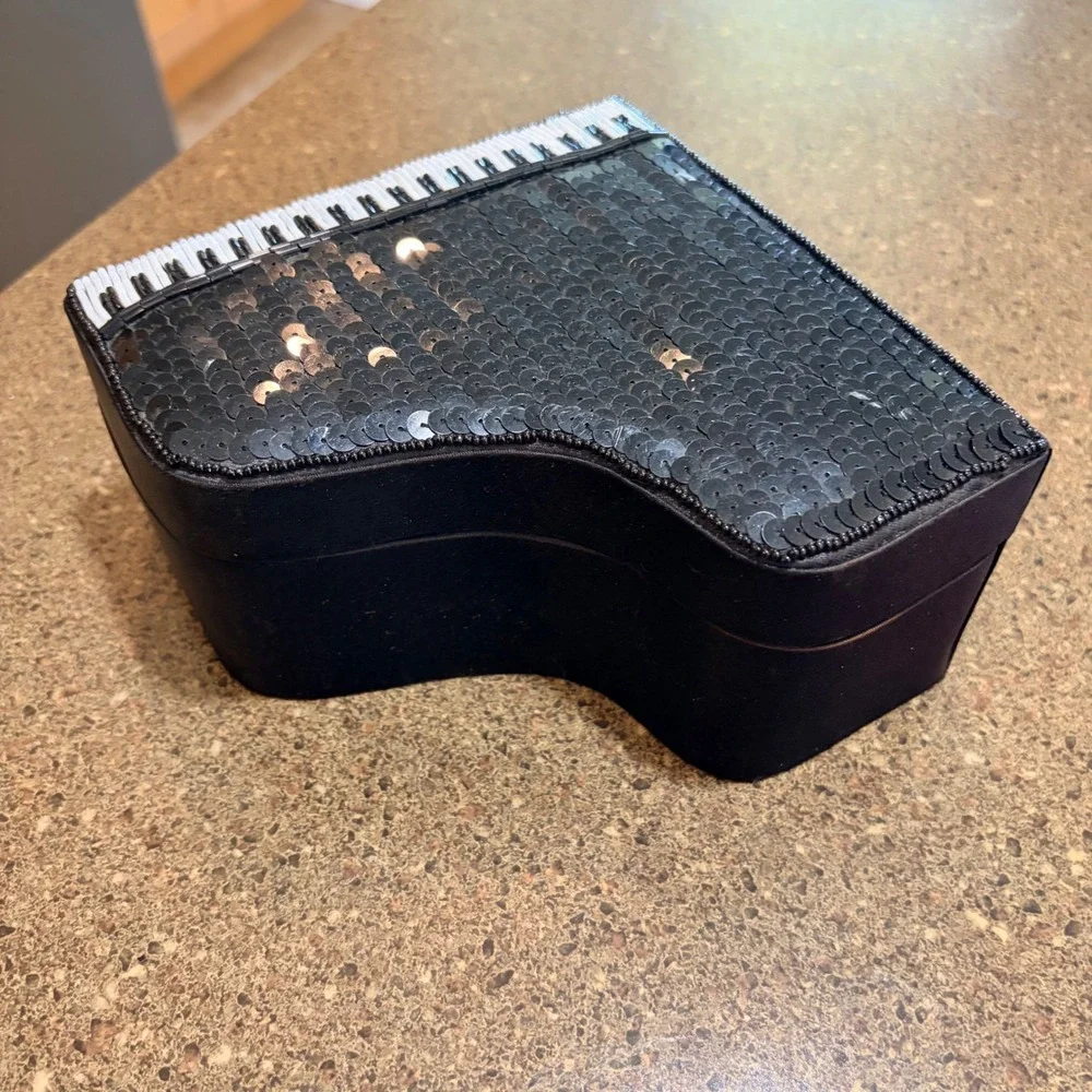 Grand Piano Sequin Beaded Jewelry Trinket Box Black White